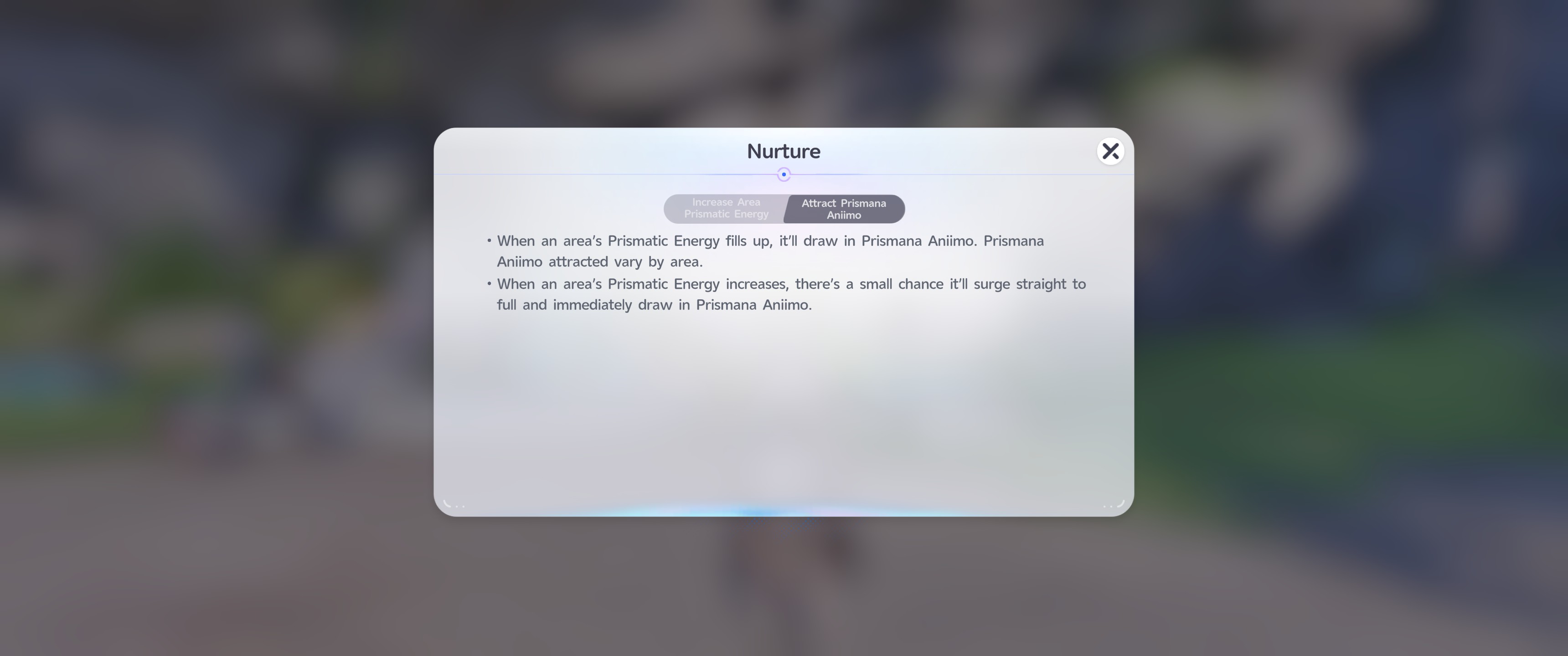 ANIIMO Nurture help screen explaining how Prismana Aniimo are attracted