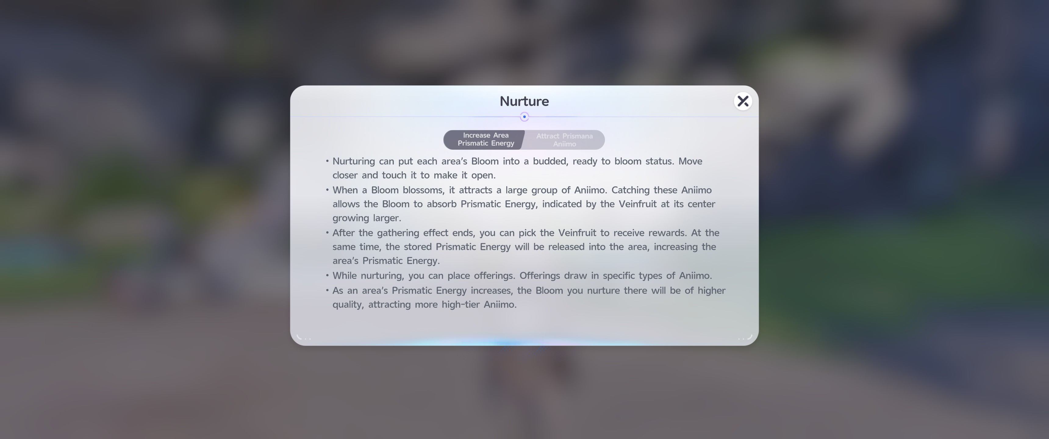 ANIIMO Nurture help screen explaining how to increase an area's Prismatic Energy