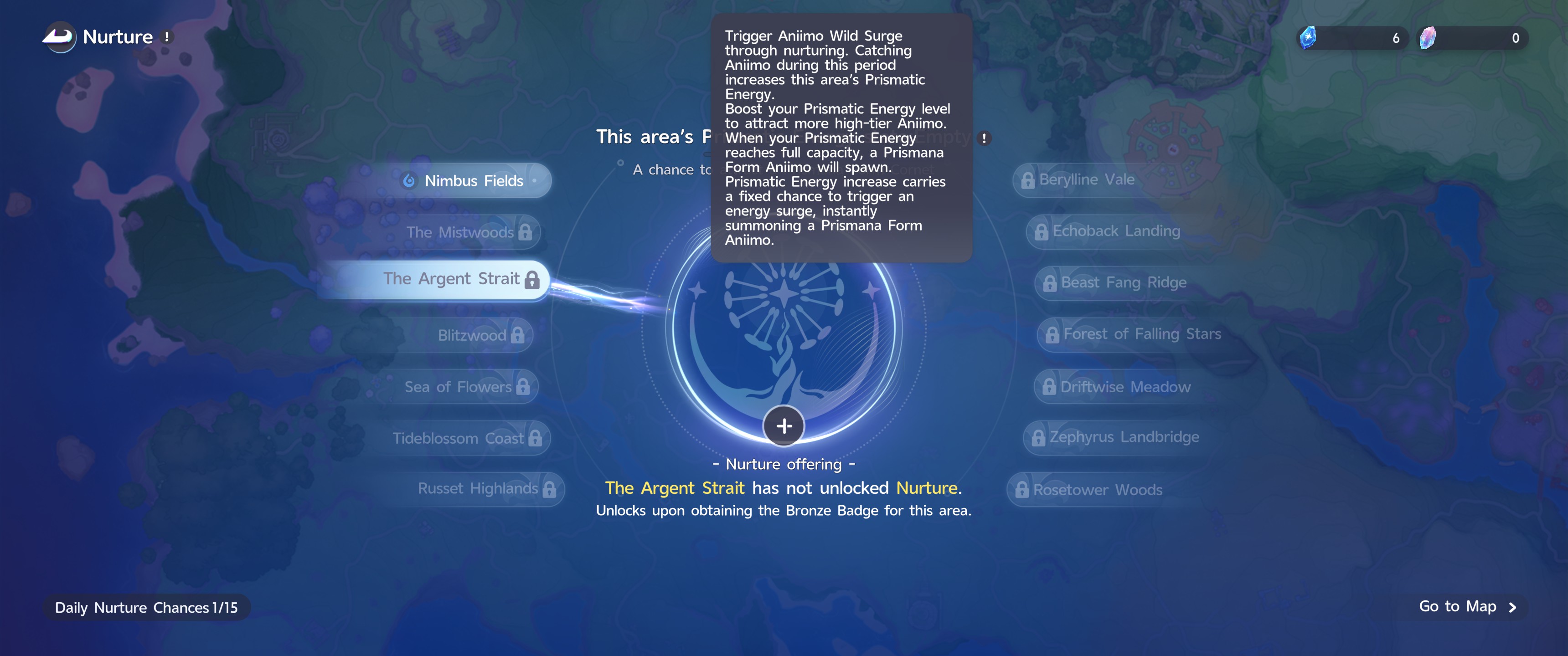 ANIIMO Nurture screen listing areas and their unlock state